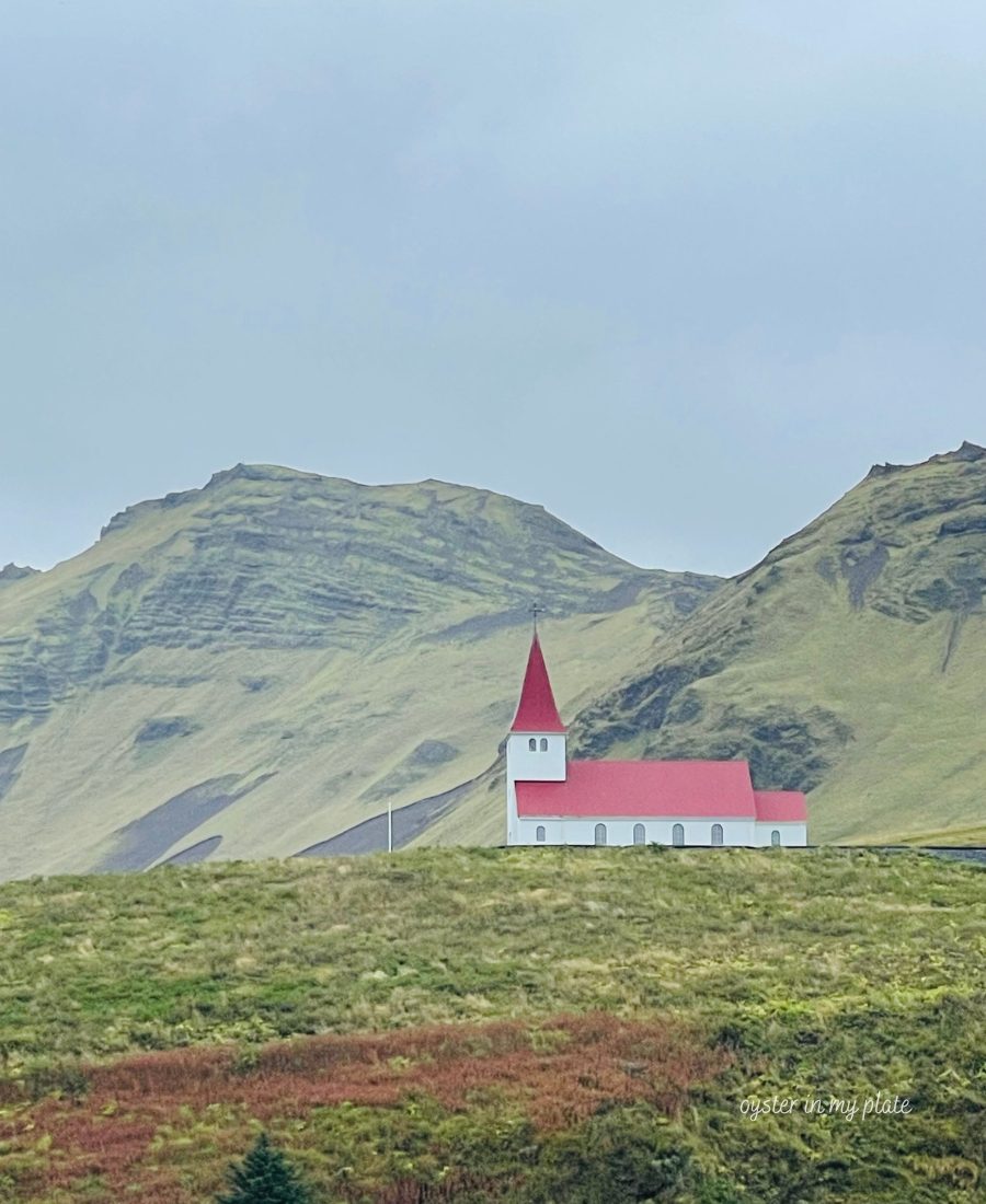 아이슬란드 빅 마을 언덕 위의 빨간 지붕 교회 전경