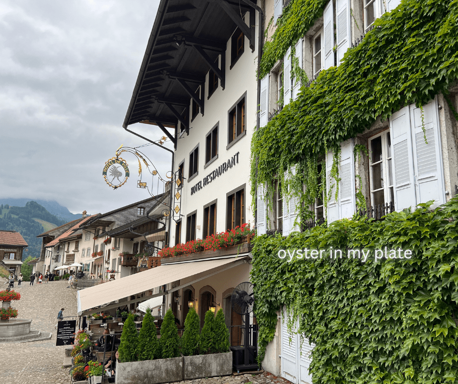 그뤼에르 성 안에서 바라본 마을, 전통적인 건축물과 고즈넉한 분위기의 스위스 시골 마을 풍경