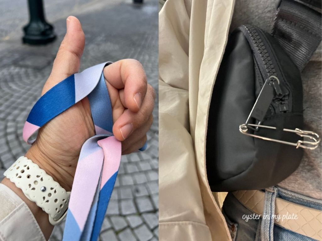 포르투갈 여행시 핸드폰 끈으로 손목에 묶은 모습과 크로스백에 안전핀으로 걸어 놓은 모습.