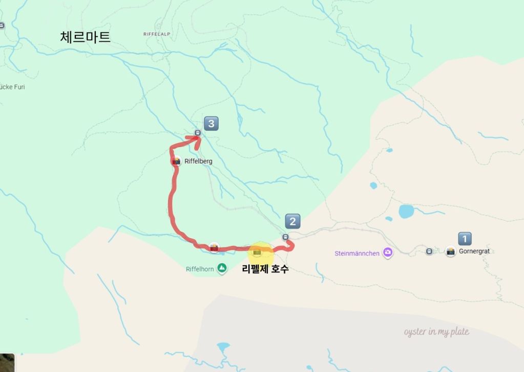 고르너그라트(①)에서 로텐보덴(②)·리펠제 경유 후 리펠베르그(③)까지 이어지는 하이킹 동선 지도