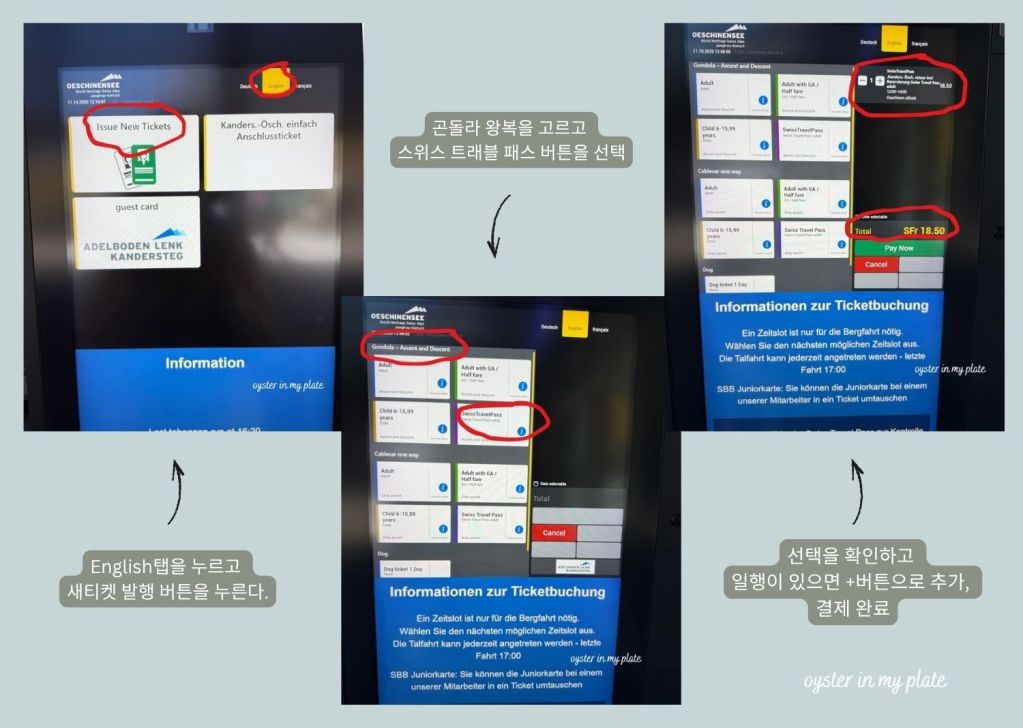 외시넨 곤돌라 티켓 사는법 자동 발권기 스크린 사진.