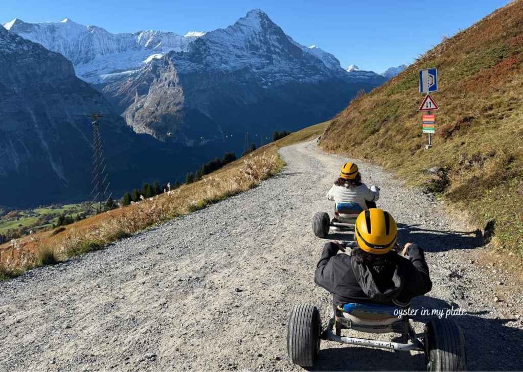 마운틴 카트를 타고 내려가는 두 여행자. 왼쪽으로 절벽과 앞쪽에는 눈덮인 설산이 보인다.