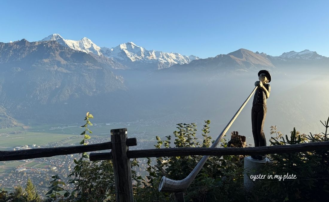 하더클룸 전망대에서 내려다본 인터라켄과 브리엔츠 호수, 알프스 설산 전경