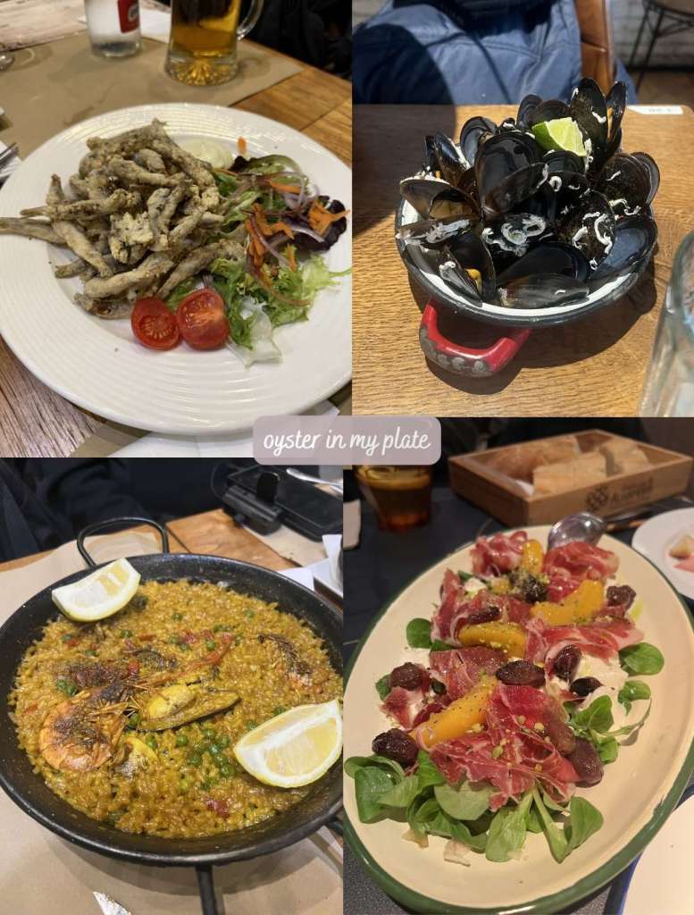 "작은 생선튀김, 홍합찜, 빠에야, 이베리코 하몬 샐러드"